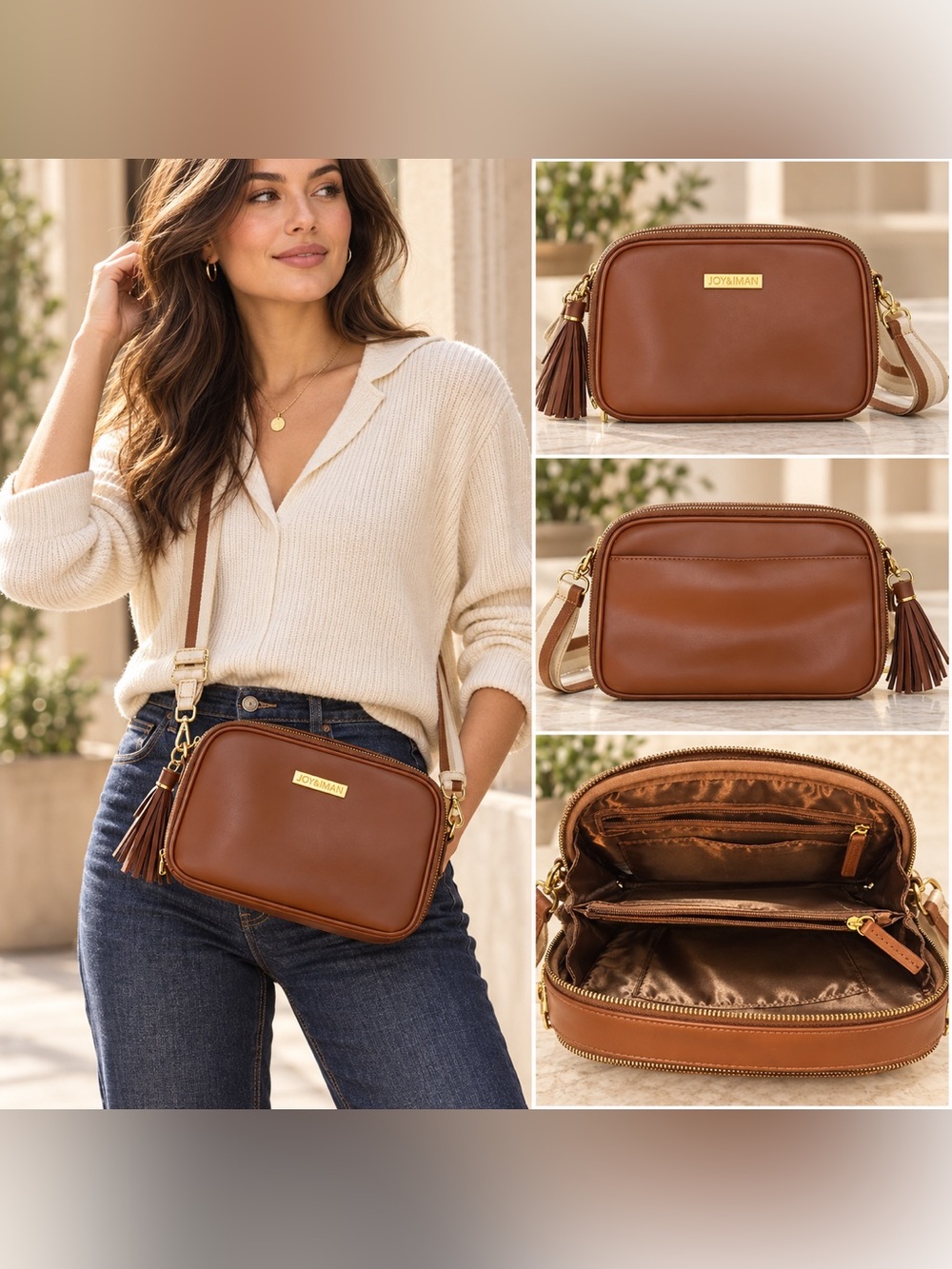 JOY & IMAN Cognac Genuine Leather Double Zip Crossbody